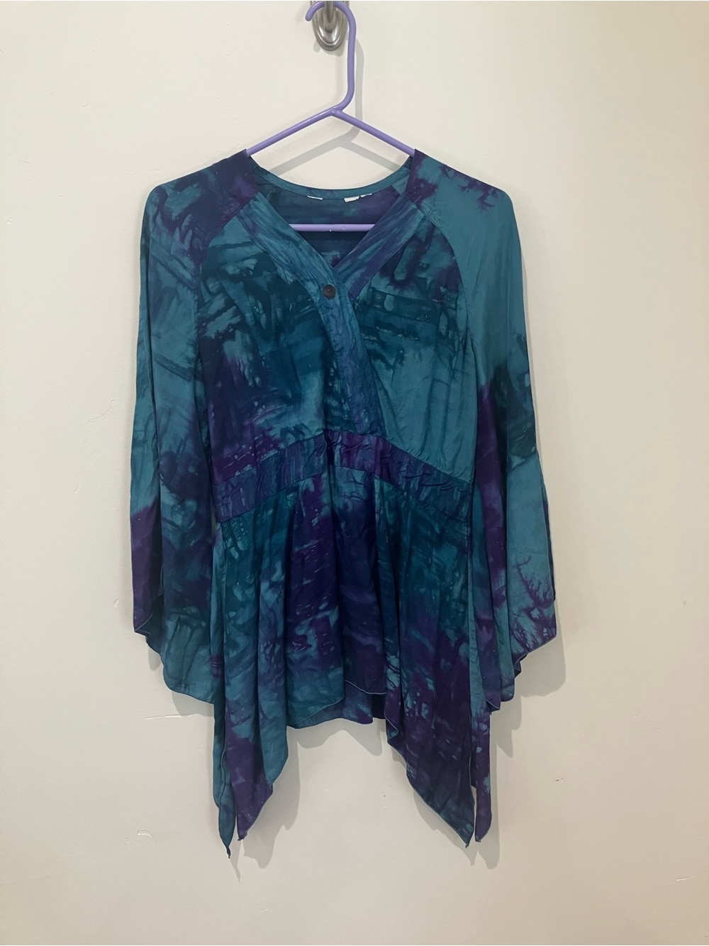 Whimsical Fairy Tye Dye Blouse in Blue and Purple with Flowy Bell Sleeves